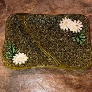 Vintage Rossini Shallow Footed Dish with Daisies | Avocado Green Serving Dish